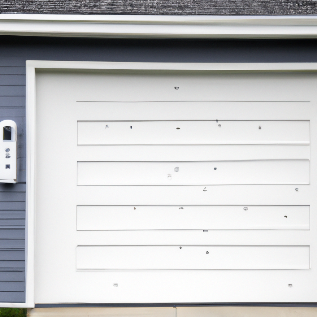Suburban garage door with integrated smart home control panel mounted beside it, showing connectivity icons