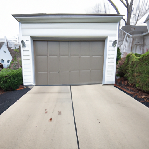 Suburban driveway in Montvale, NJ showing a closed residential garage door and visible tracks, no people.
