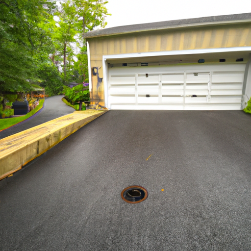Suburban Montvale garage exterior with closed sectional door, visible tracks and opener rail, overcast sky
