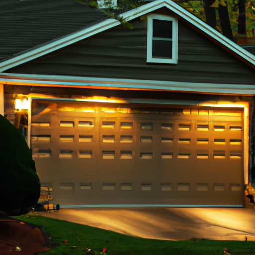 Suburban Montvale two-car garage with insulated sectional door and visible tracks at dusk