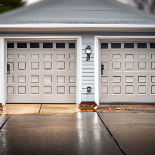 Suburban Montvale home exterior with a two-car garage door visible on a wet late-afternoon street.