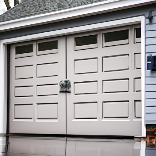 Modern sectional garage door on a Montvale, NJ suburban home with wet driveway and clear hardware detail.