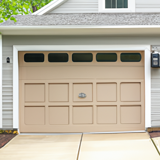 Suburban Montvale driveway with a residential garage door, visible hardware and weather seal, no people.
