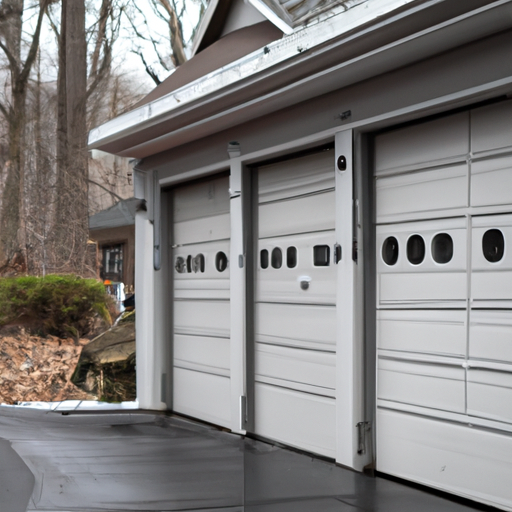Suburban Montvale driveway with a residential garage door partially open for inspection, showing tracks and panels.