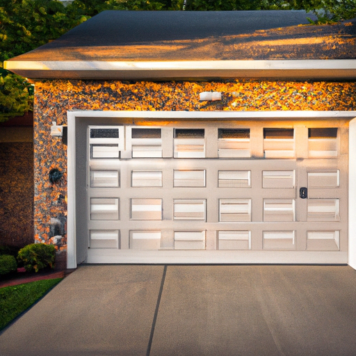 Suburban Montvale home exterior with a modern garage door visible, afternoon light, driveway and trimmed landscaping.