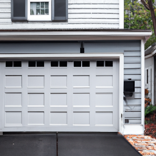 Residential garage door in Montvale, NJ showing springs, cables, and tracks with soft daylight and neighborhood context