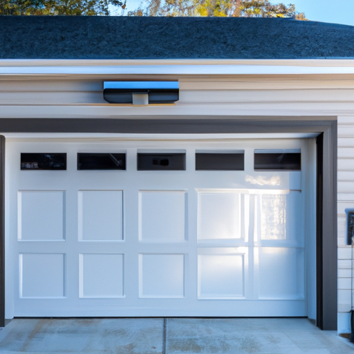 Montvale residential garage with visible modern garage door and smart opener mounted on ceiling, daytime exterior shot.