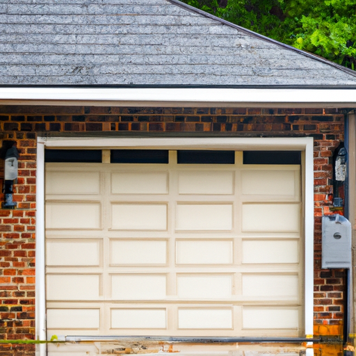Montvale suburban garage with visible overhead opener housing, weatherstripping, and wet pavement after rain