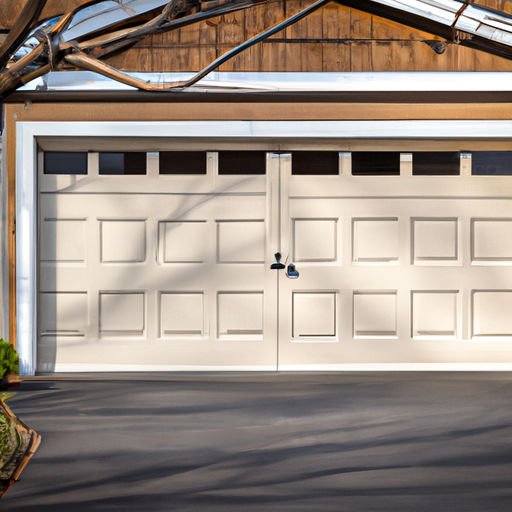 Montvale NJ suburban garage exterior with closed modern garage door, driveway, and trimmed lawn in late afternoon light