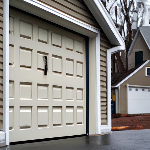 Suburban Montvale garage door partially open showing tracks and opener hardware under overcast light.