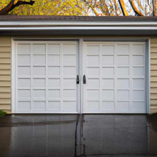 Suburban Montvale garage exterior showing a closed modern paneled garage door, visible track and weather seal, wet driveway, no people.